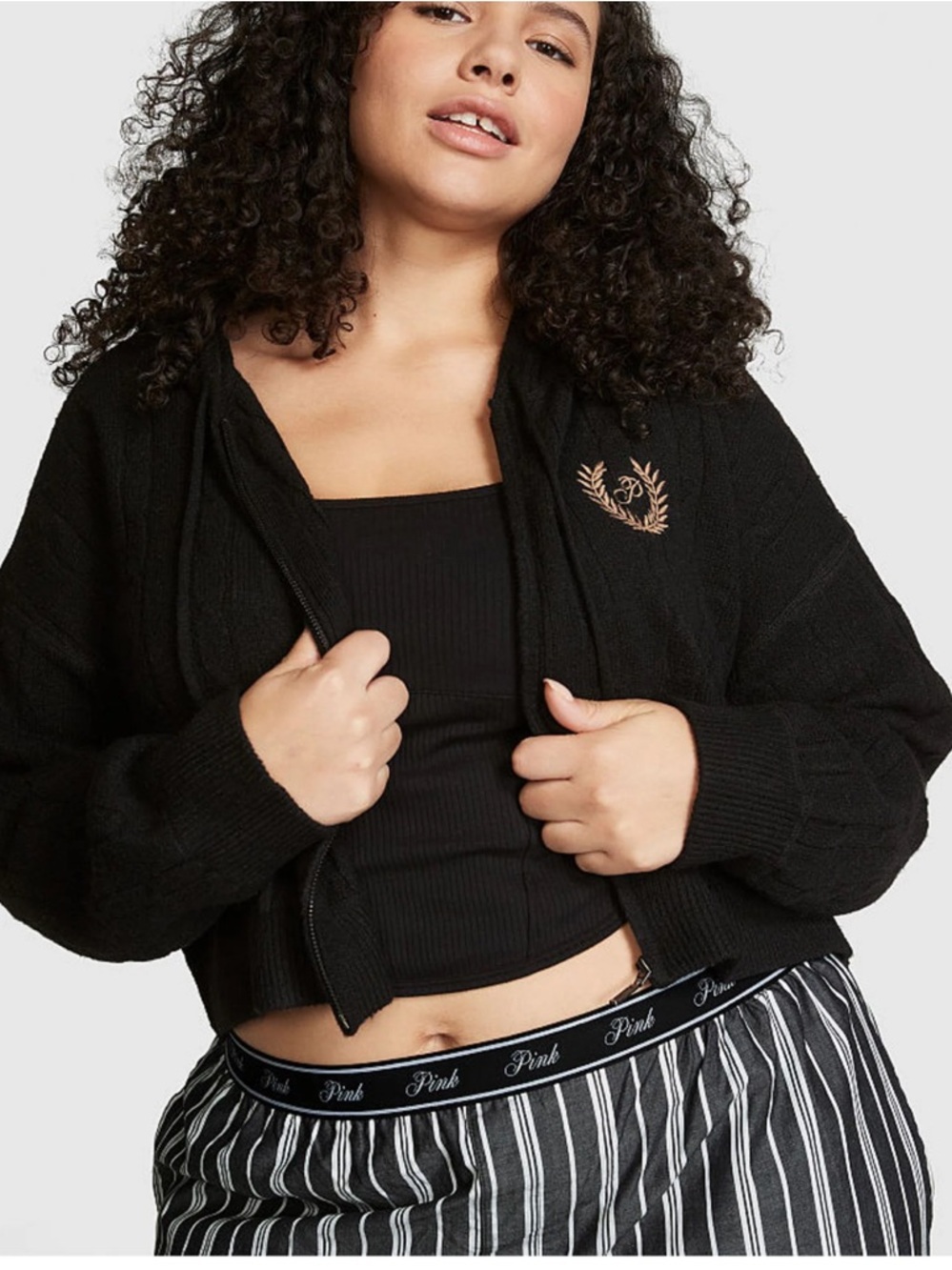 Victoria's Secret PINK Pure Black Full Zip Cable Knit Hoodie NWT